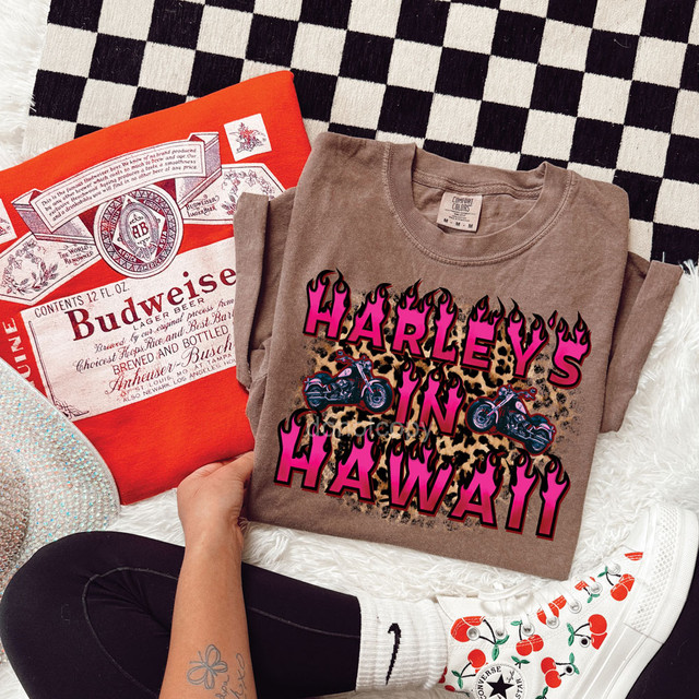 Harleys In Hawaii DTF Heat Transfer, colorful heat transfer design with leopard print and motorcycles on a t-shirt.