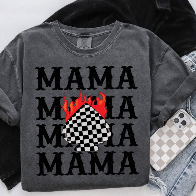 Mama Stacked Spade Flame DTF Heat Transfer, black spade design with checkered pattern and red flames, on a gray sweatshirt.