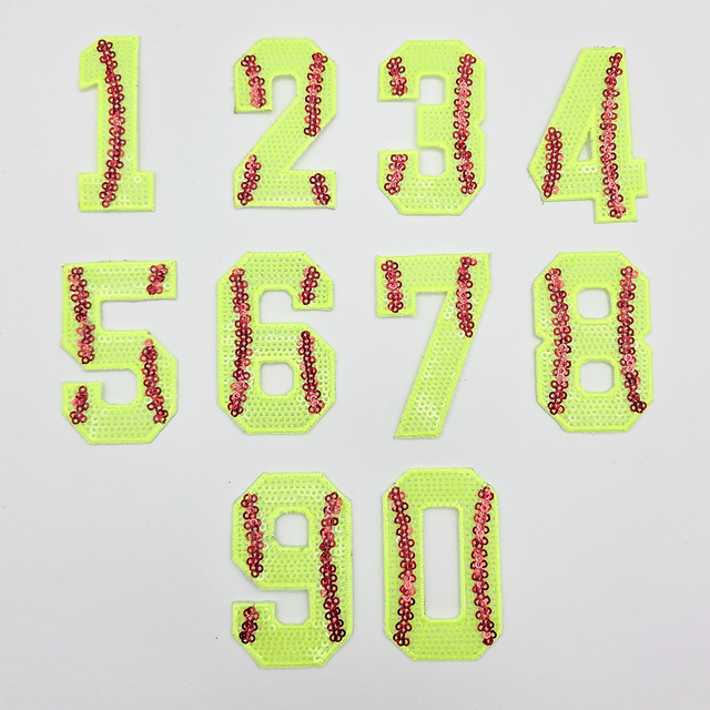 Sequin Softball Numbers Hat/Pocket Patch, bright yellow fabric patches with red sequined numbers 1 to 0 for customizing hats or pockets.