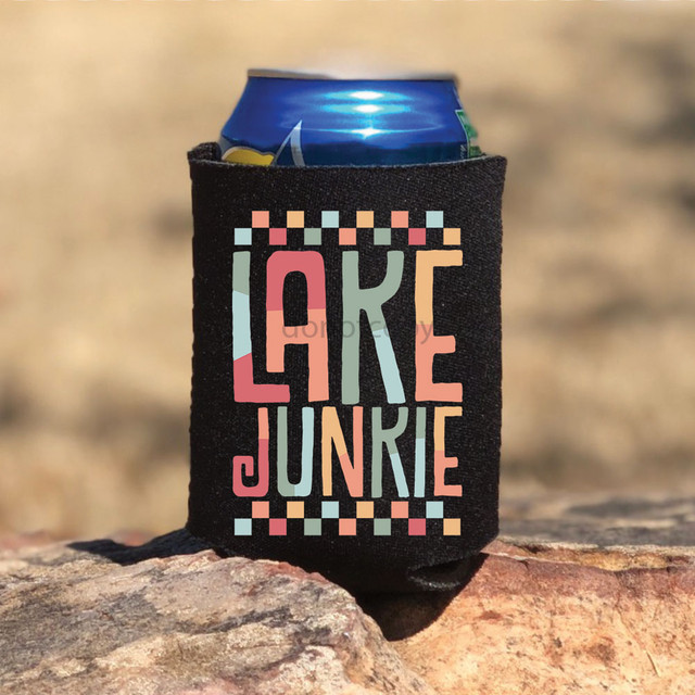 Lake Junkie Boho DTF Heat Transfer, a colorful and stylish heat transfer design on a black can cooler.
