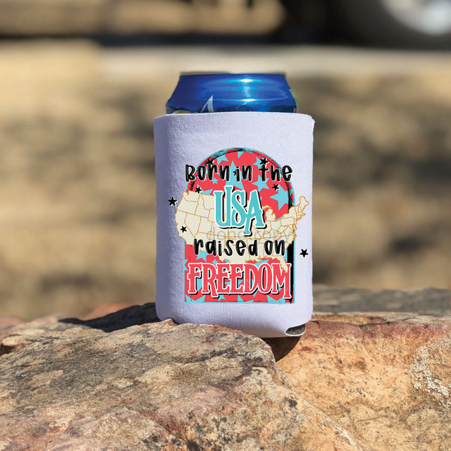 Born In The USA Raised On Freedom DTF Heat Transfer, product image of a beverage can wrapped with a patriotic-themed heat transfer label