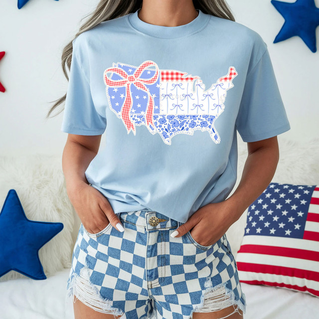 Shabby USA Map DTF Heat Transfer, decorative map of the United States with red, white, and blue patriotic patterns including ribbons and floral designs.