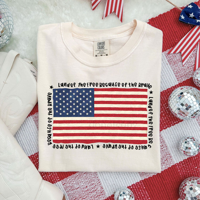 Land Of The Free American Flag DTF Heat Transfer, a patriotic designer T-shirt featuring a vintage American flag with a quote around it, surrounded by festive patriotic decorations.