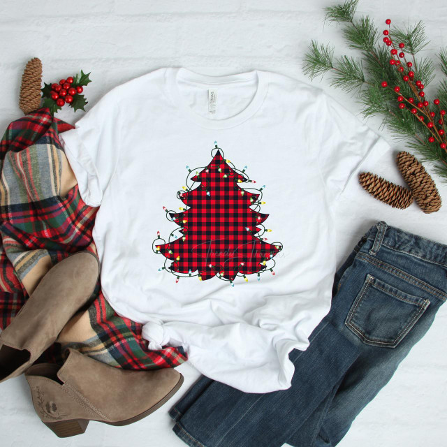 Plaid Christmas Tree with Lights Sublimation Transfer, white T-shirt with a red and black checkered Christmas tree design decorated with colorful holiday lights.