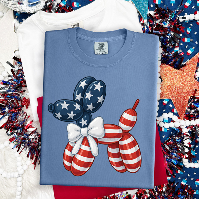 American Balloon Dog DTF Heat Transfer, patriotic balloon dog design with stars and stripes pattern.