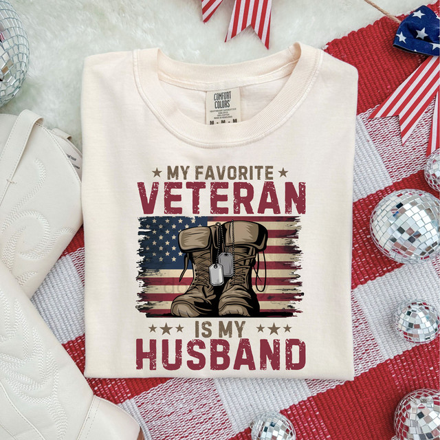 My Favorite Veteran Is My Husband DTF Heat Transfer T-shirt with military boots and American flag design for patriotic military spouses.