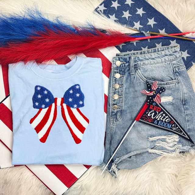 Patriotic Coquette Bow Fluffy Patch, patriotic bow with stars and stripes design for 4th of July celebration.