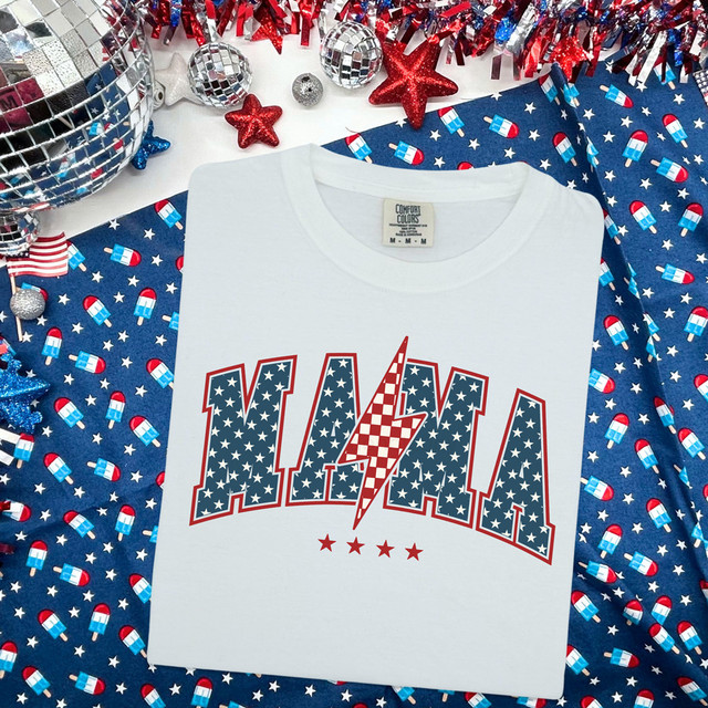 Retro Mama Patriotic Bolt DTF Heat Transfer, patriotic-themed graphic design on a white T-shirt with stars, stripes, and a lightning bolt, suitable for Independence Day celebrations.