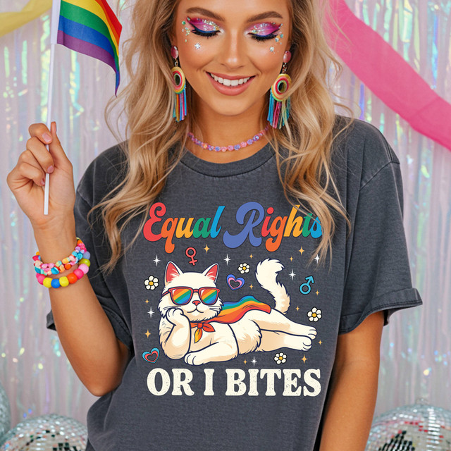Equal Rights Or I Bites DTF Heat Transfer, vibrant graphic T-shirt featuring a colorful cartoon cat with rainbow sunglasses and scarf, celebrating LGBTQ pride and equality.