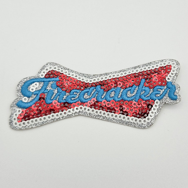 Firecracker Embroidered Sequin HAT/POCKET Patch, decorative patch with red, blue, and silver sequins and embroidery design.