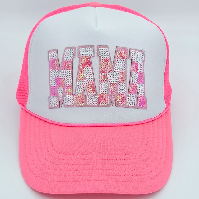 MAMA Checkered Sequin HAT/POCKET Patch, pink and white trucker cap with a sequin patch spelling 'MAMA' on the front panel.