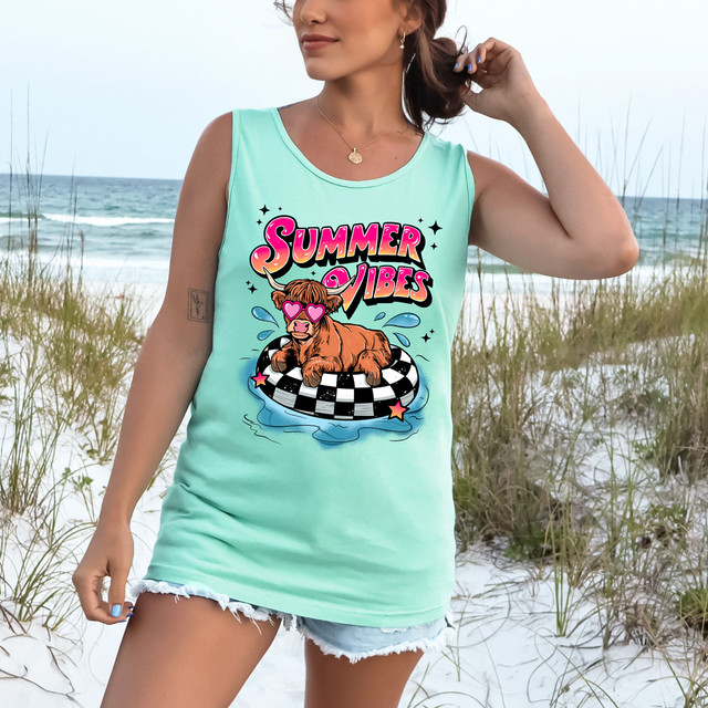Summer Vibes Retro Highland Cow DTF Heat Transfer