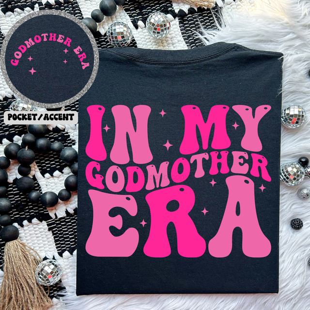 Pink In My Godmother Era Retro SET DTF Heat Transfer, vibrant pink graphic design on black fabric T-shirt with playful text and star accents.