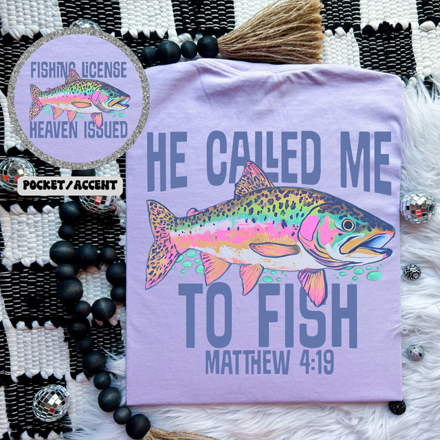 He Called Me To Fish SET DTF Heat Transfer, colorful fishing-themed design on a purple t-shirt with a bass and biblical quote from Matthew 4:19.