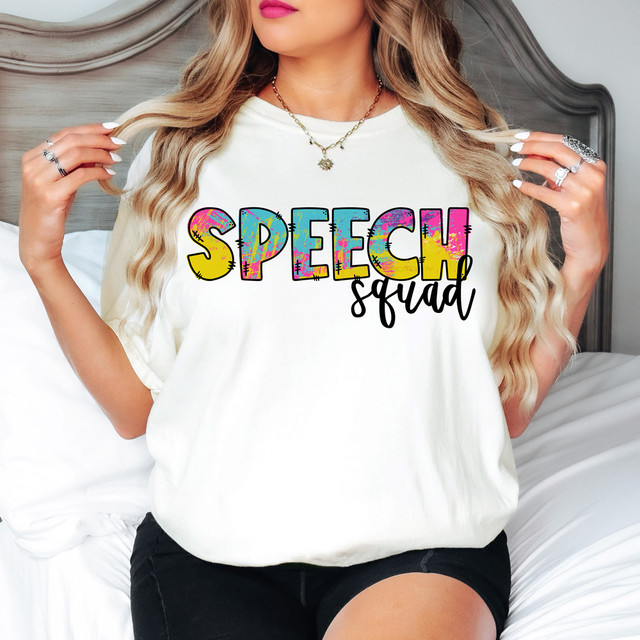 Speech Squad DTF Heat Transfer, colorful and trendy heat transfer design on a white T-shirt.