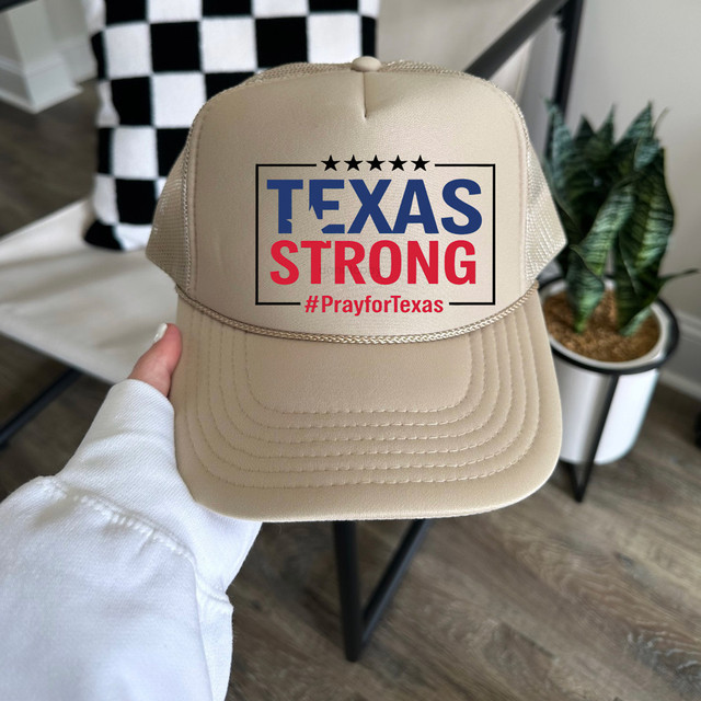 Texas Strong #prayfortexas DTF Heat Transfer, beige trucker hat with Texas Strong slogan and stars design for support and solidarity.