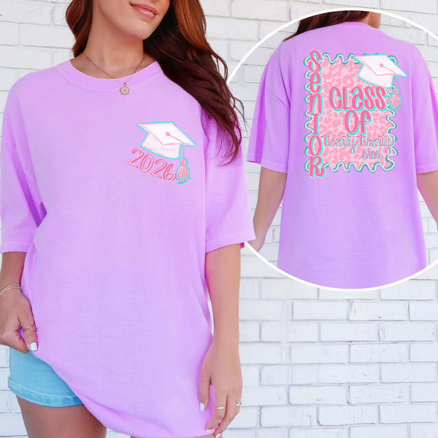 Senior Class of 2026 Pink Leopard SET DTF Heat Transfer T-shirt, featuring a pink leopard print background with text 'Senior Class of 2026' and graduation cap design.