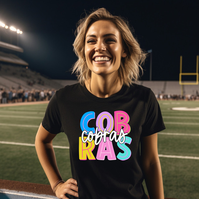 Cobras Colorful DTF Heat Transfer, vibrant multi-colored graphic design for sports fan apparel.