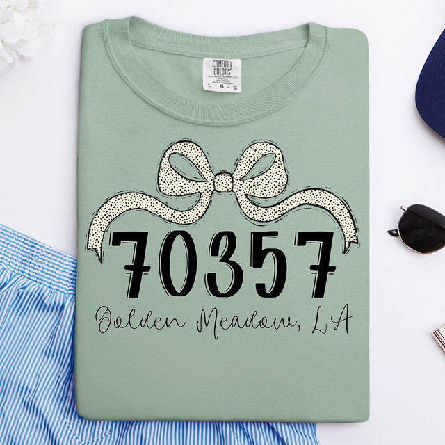 Golden Meadow, LA Zip Code Bow DTF Heat Transfer, decorative heat transfer with a bow design and ZIP code 70357 for Golden Meadow, Louisiana.