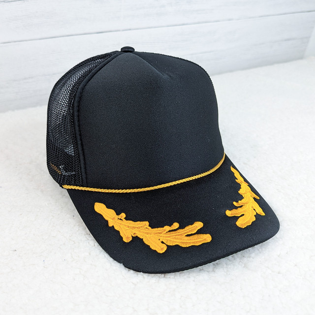 Black Foam Trucker Hat With Embroidered Gold Leaves, stylish baseball cap featuring embroidered gold leaf details and mesh back for breathability.