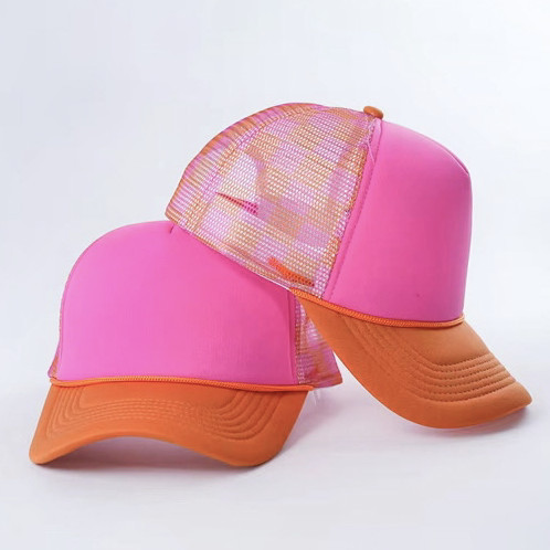 Pink & Orange Checkered Foam Trucker Hat, two caps with pink front panels, orange brims, and a checkered mesh back panel.