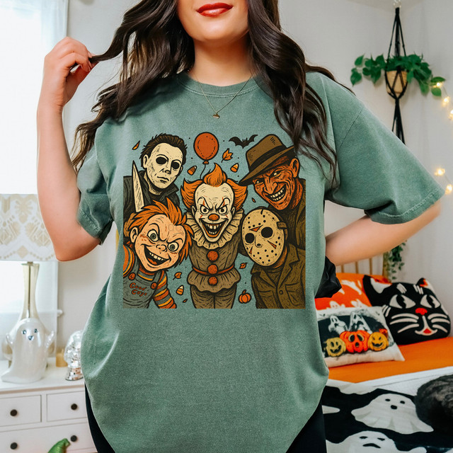Horror Selfie DTF Heat Transfer, animated horror characters Halloween costume design on a green t-shirt.