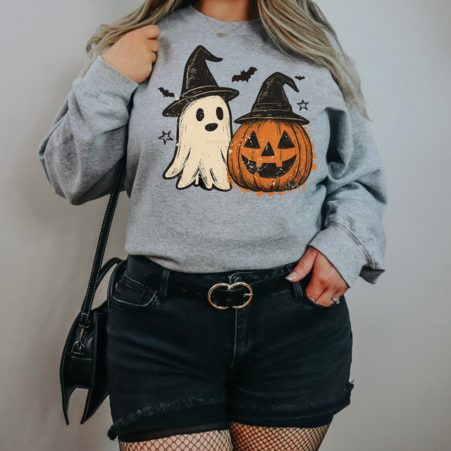 Ghost & Pumpkin Duo DTF Heat Transfer, Halloween-themed heat transfer design featuring a ghost and a carved pumpkin on a grey sweatshirt.