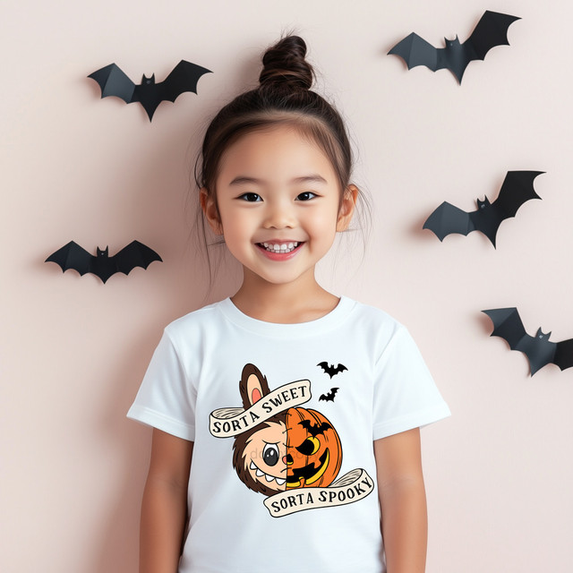 Sorta Sweet Sorta Spooky Labubu DTF Heat Transfer on a girl's white t-shirt with a Halloween design featuring a cartoon cat, a pumpkin, and bats.
