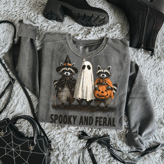 Spooky And Feral Raccoon DTF Heat Transfer, Halloween-themed t-shirt featuring two raccoons in costumes and a ghost, with spooky text design.