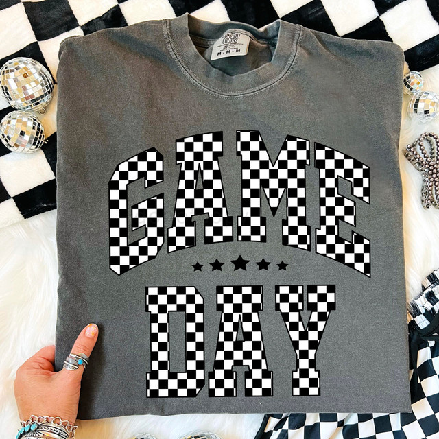 Checker Game Day DTF Heat Transfer, graphic sweatshirt with a black and white checker pattern text that reads 'GAME DAY' perfect for sports fans and game day apparel.