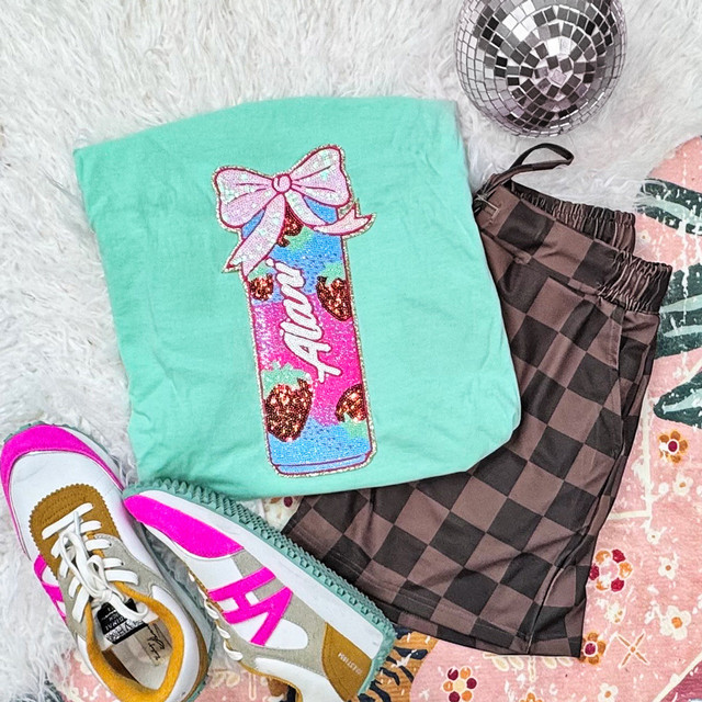 Strawberry Drink Can Sequin Patch with Bow, a decorative patch featuring a pink sequin strawberry drink can with a pink bow on top.