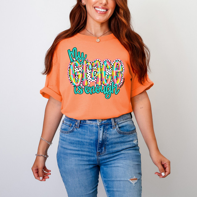 My Grace Is Enough DTF Heat Transfer, colorful and vibrant design on orange T-shirt.