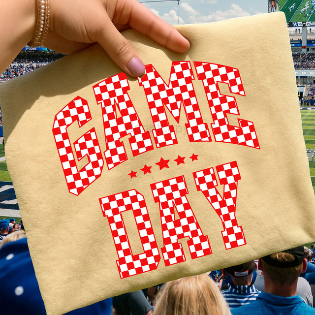 Red/White Game Day DTF Heat Transfer, fabric with a checkered pattern and the words 'GAME DAY' in bold, stylized letters.