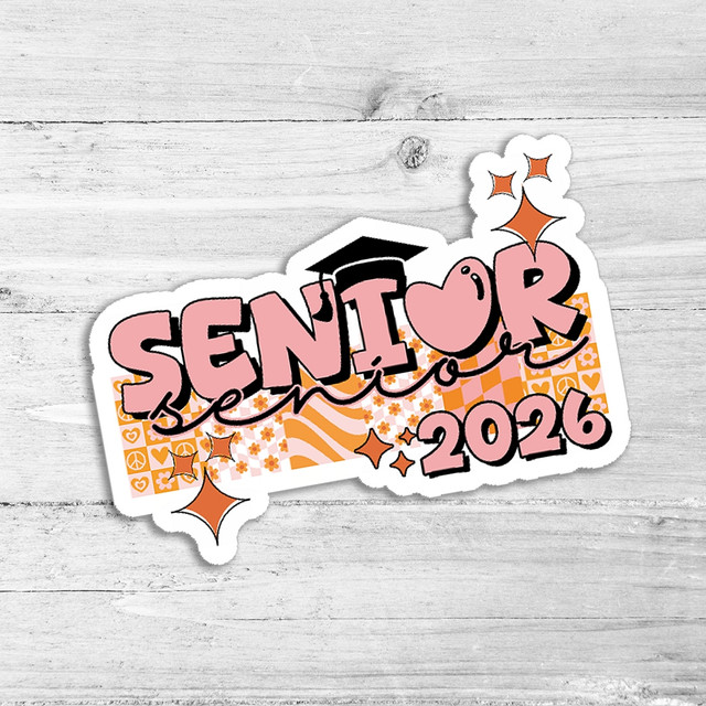 Groovy Senior 2026 Die Cut Sticker, colorful sticker with graduation cap, floral and star designs, celebrating graduation for the class of 2026.