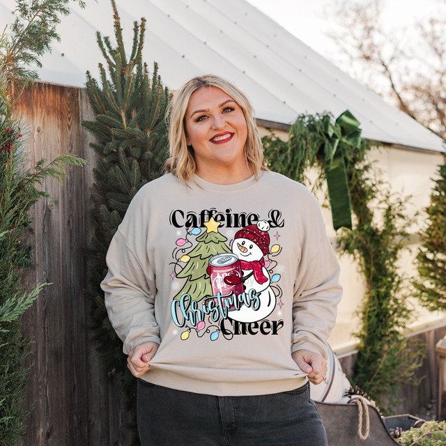 Caffeine & Christmas Cheer Dr P DTF Heat Transfer, Christmas-themed holiday sweatshirt with snowman, Christmas tree, and colorful holiday lights design.