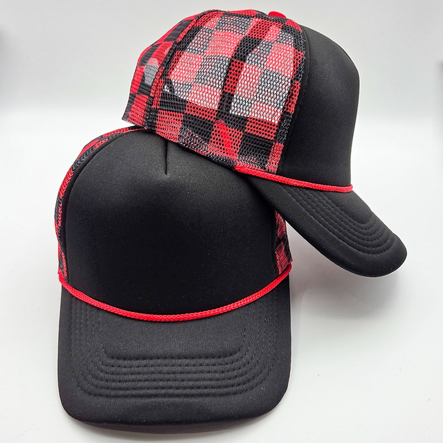 Black & Red Checkered Foam Trucker Hat, stylish trucker cap featuring a plaid pattern with red, black, and white colors and mesh back design.