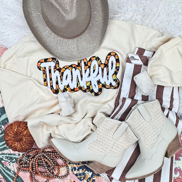 Thankful Checkered Sequins and Chenille Patch, decorative patch with colorful checkered sequins and chenille accents for clothing embellishment.