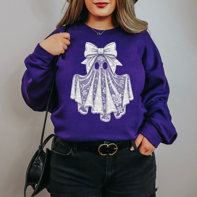 Faux Lace Ghost DTF Heat Transfer, detailed white lace ghost design with bow on purple sweatshirt.