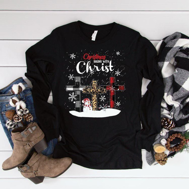 Christmas Begins with Christ Screen Print Heat Transfer, black long sleeve shirt with Christmas crosses and snowman design.