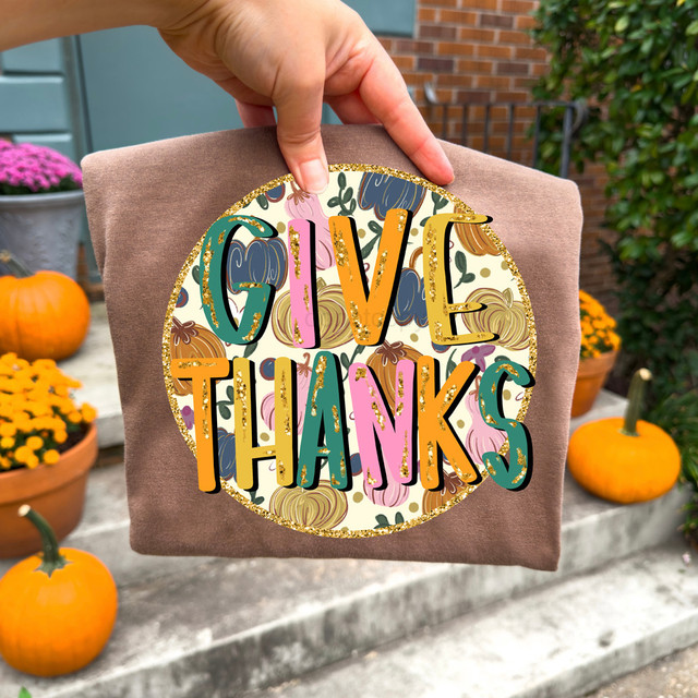 Give Thanks Patterned Pumpkins DTF Heat Transfer, colorful fall-themed design with pumpkins and the text "Give Thanks".