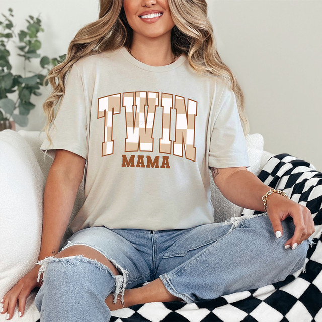 Twin Mama Retro Brown DTF Heat Transfer, Brown and beige graphic design on a casual T-shirt.