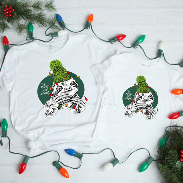 Merry and Bright Christmas Lights Sloth Sublimation Transfer