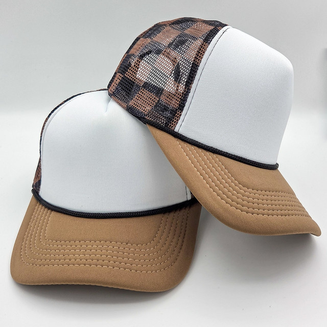 Black and Brown Checkered Foam Trucker Hat with Brown Bill, adjustable cap with mesh back for ventilation and style.