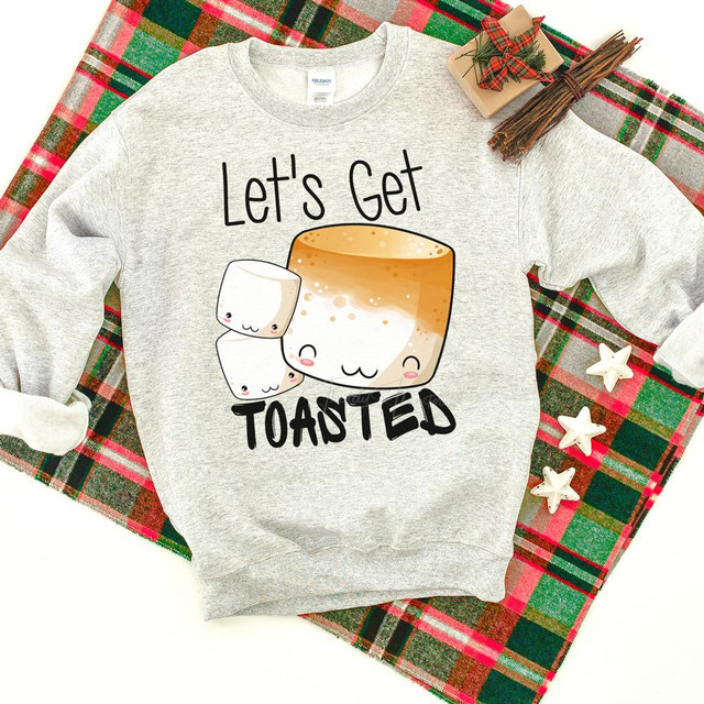 Let's Get Toasted Screen Print Heat Transfer, illustrated toasted marshmallows with adorable faces and playful text on a gray sweatshirt.