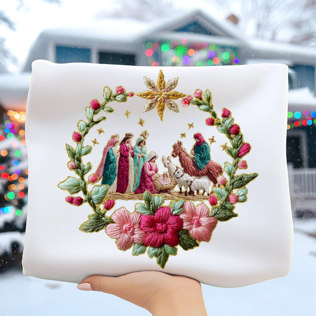 Faux French Knot Nativity DTF Heat Transfer, embroidered nativity scene with Mary, Joseph, baby Jesus, animals, stars, and floral wreath design.