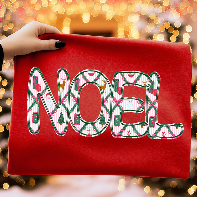 Patterned Noel DTF Heat Transfer, festive Christmas design with holiday motifs on a red background.