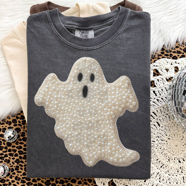 Faux Pearl Ghost DTF Heat Transfer, decorative ghost design made with faux pearls on a dark gray T-shirt.
