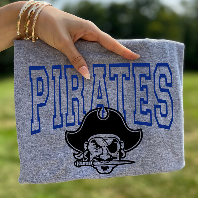 Pirates Outline Mascot *CUSTOM COLOR OPTIONS* DTF Heat Transfer, a gray fabric featuring a pirate mascot with eye patch and a sword, with bold blue outlined text 'PIRATES'.