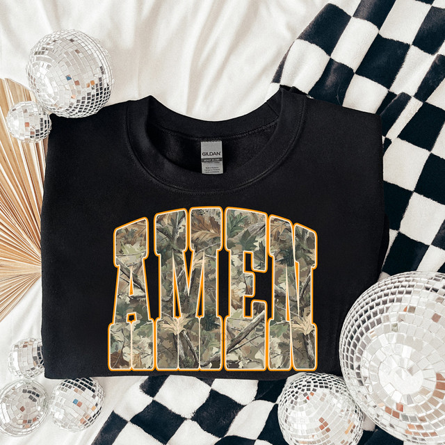 Amen RT Camo DTF Heat Transfer, camouflage styled letters spelling 'AMEN' on a black T-shirt.