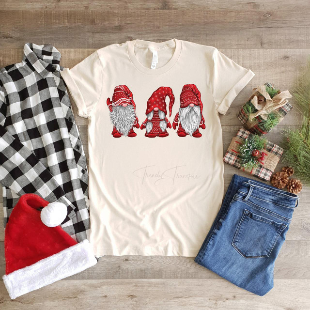 Christmas Gnomes Screen Print Heat Transfer, festive graphic design featuring three gnomes in red and white clothing with long beards and hats